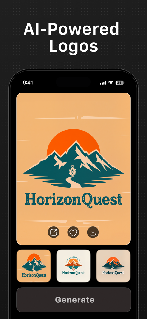 Logo Maker - Logo AI - Interface of Logo AI app showing a custom mountain logo design for HorizonQuest and multiple design variations.