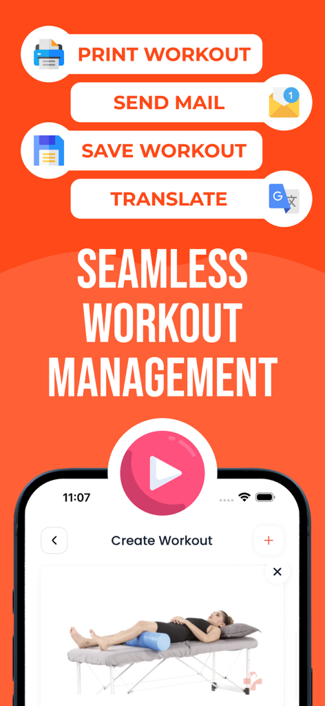 VirtueLife: Physiotherapy - Interface of the VirtueLife app showing workout management features for physical therapists