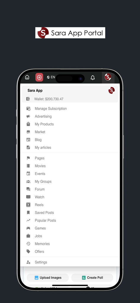 Sara App - Captura de tela do menu do Sara App mostrando vários recursos como carteira, blog, jogos e eventos