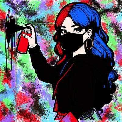 realistic girl with mask spray painting a wall