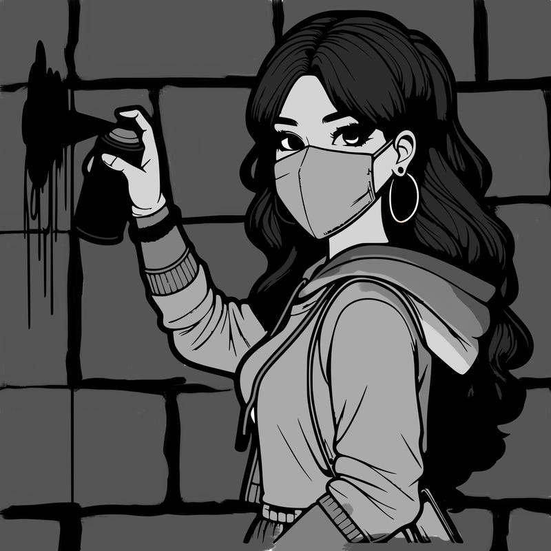 realistic girl with mask spray painting a wall