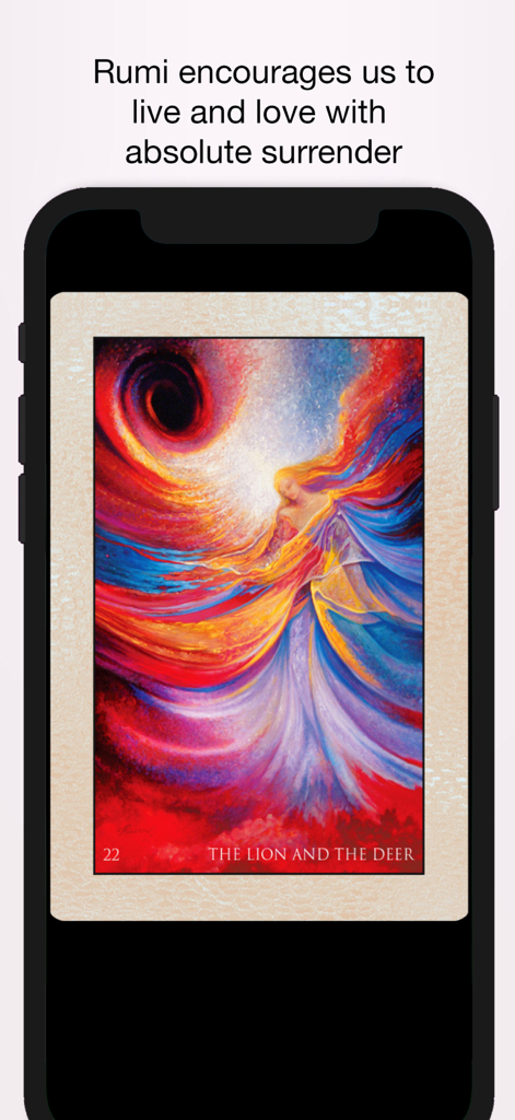 A smartphone showing a vibrant spiritual oracle card titled The Lion and the Deer from the Rumi Oracle app