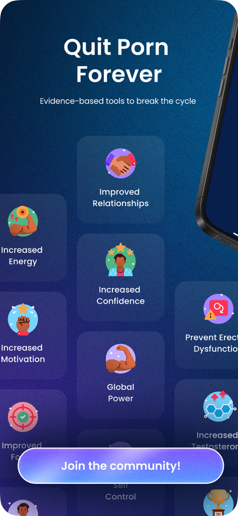 Overcome Lust: Rewire - Pantalla de la aplicación Rewire que enumera los beneficios de la recuperación de adicciones como mejores relaciones y mayor energía