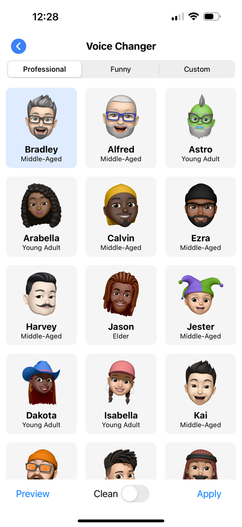 A menu of the Voice Changer feature showing various character avatars like Bradley, Alfred, and Astro for different vocal styles.