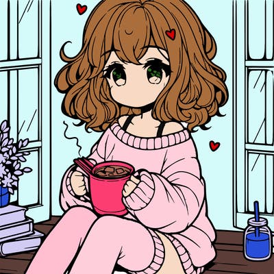 cute anime girl reading book and drinking hot chocolate from mug with loose wavy hair wearing a baggy sweatshirt and shorts sitting by windowsill looking out