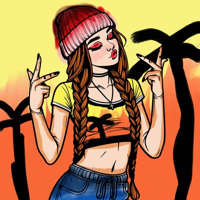 realistic teenage girl with braids and a beanie and crop top doing 🫶🏼
