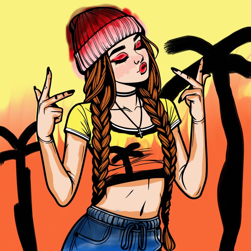 realistic teenage girl with braids and a beanie and crop top doing 🫶🏼
