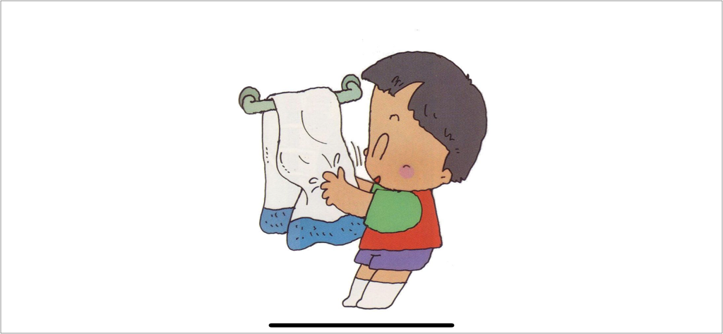 Cartoon illustration of a young boy drying his hands with a white towel