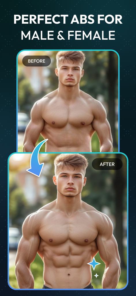 Vorher-Nachher-Vergleich, der die Definition von Bauchmuskeln zeigt, die einem männlichen Torso mit KI-Fotobearbeitung hinzugefügt wurden.