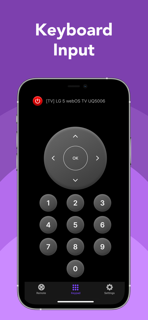 TV Remote: Universal Control ◦ - Pantalla de iPhone mostrando el teclado numérico y la navegación direccional de la aplicación Control Remoto TV.