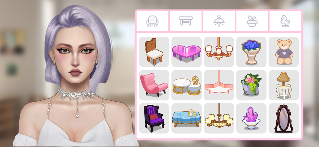 A female digital avatar with purple hair next to a grid selection of furniture and room decor items in a makeover game.