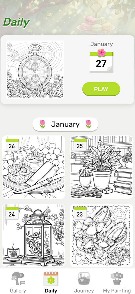 Der Bildschirm für tägliche Herausforderungen der Slow Living Coloring Book App, der einen Kalender mit verschiedenen Ausmalvorlagen für Januar zeigt.