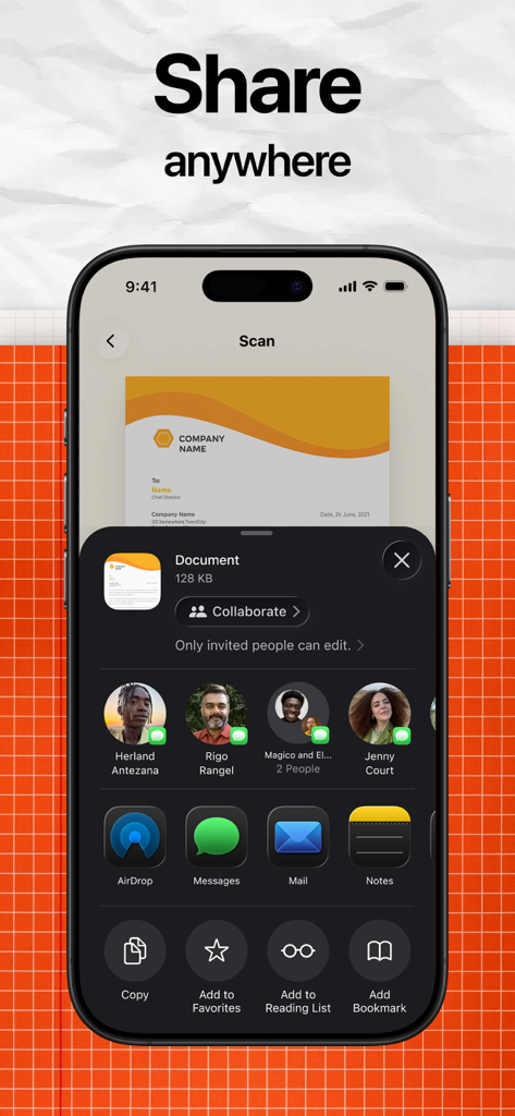 Lens - PDF Scanner and Editor - iPhone上でドキュメント共有オプションを表示するLens PDFスキャナーのインターフェース