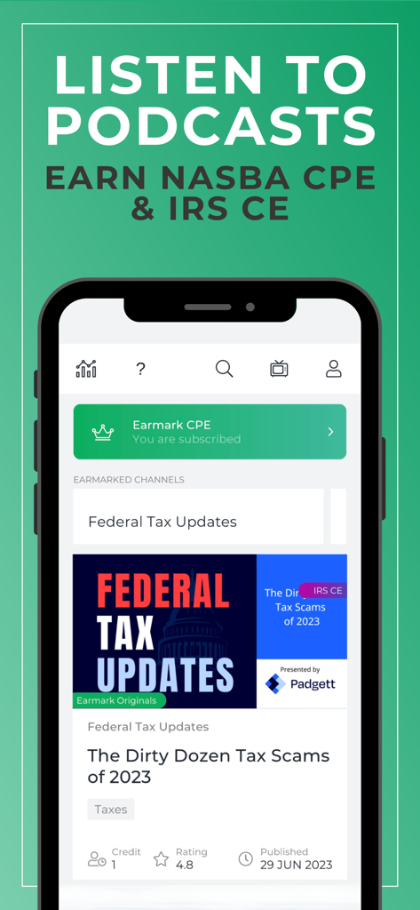 Earmark - Earmark mobile app screen showing options to earn NASBA CPE and IRS CE credits by listening to accounting podcasts