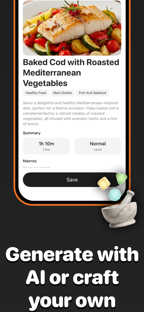 Recipe keeper & macros - Kuk - Mobile app interface showing an AI generated recipe for baked cod with mediterranean vegetables and nutrition details