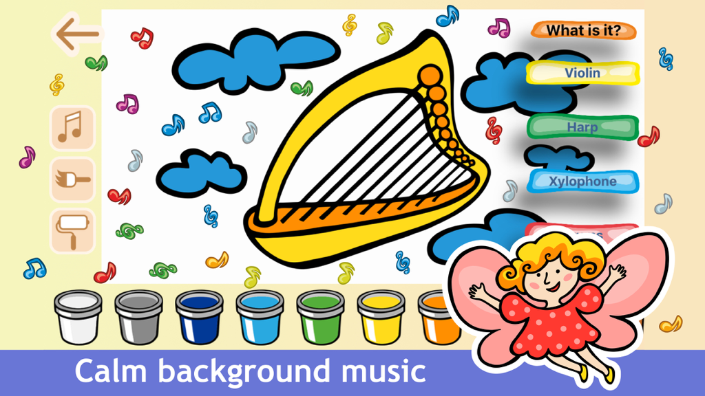 Joyful Color Book - Fun Game - Preschool coloring activity featuring a harp with musical notes and a fairy character
