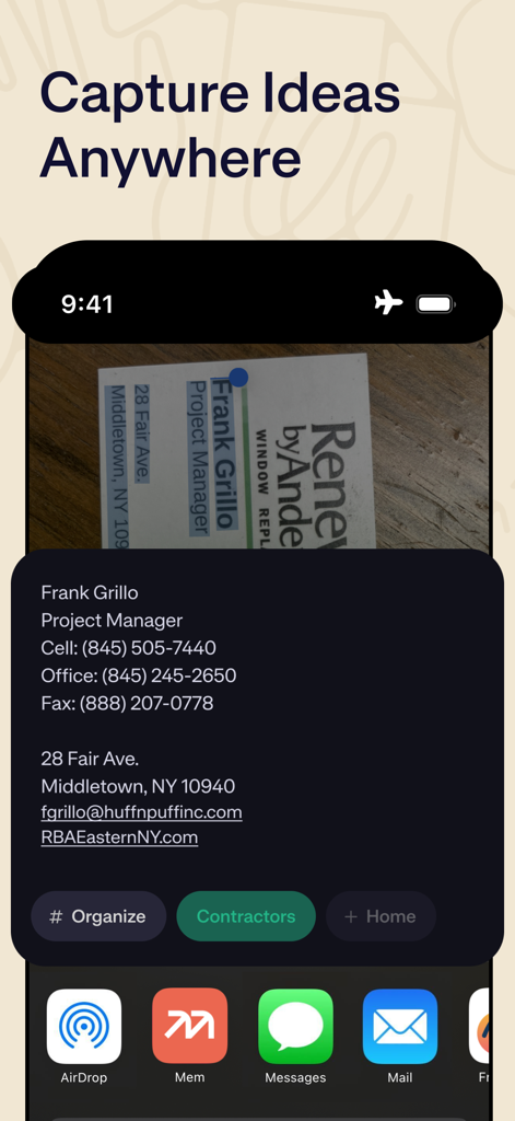 Mem – Your AI Thought Partner - A screenshot of Mem app showing a business card being captured and converted into organized digital contact information