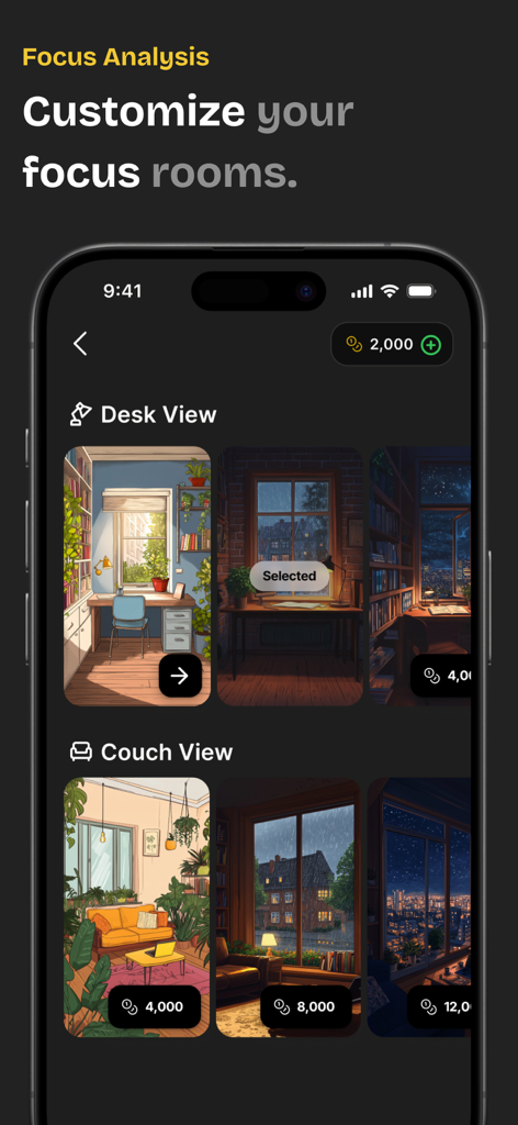 Win Focus: ADHD Focus Timer - Screenshot of Win Focus app showing a variety of customizable focus room backgrounds for Desk and Couch views.