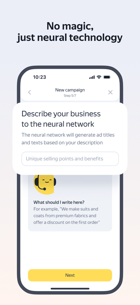 Yandex Direct mobile app screen showing AI-powered ad campaign setup