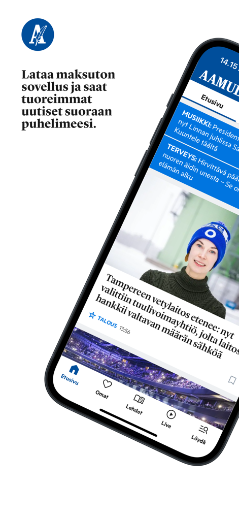 Aamulehti - Smartphone screen displaying the Aamulehti news app with Finnish headlines and local news articles