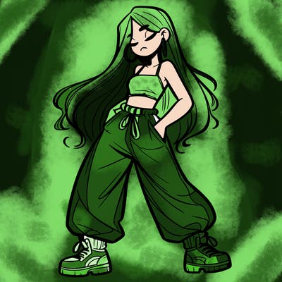 girl in baggy pants crop top and long hair