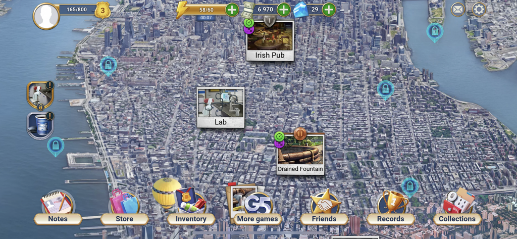 An aerial view of the New York City map in Homicide Squad showing investigation locations like the Lab and Irish Pub