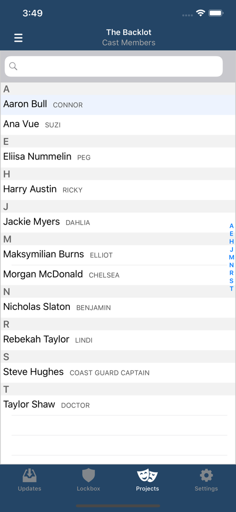 scenechronize - Alphabetical directory of cast members and their character names within the Scenechronize app