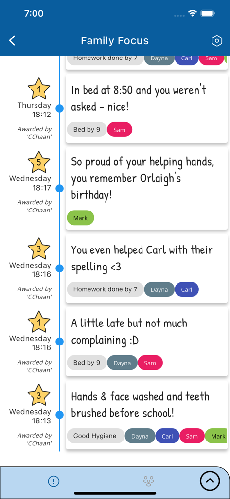 Starbright Charts - Interfaz de la aplicación Starbright Charts mostrando una línea de tiempo vertical de estrellas ganadas y notas de refuerzo positivo personalizadas para los niños.