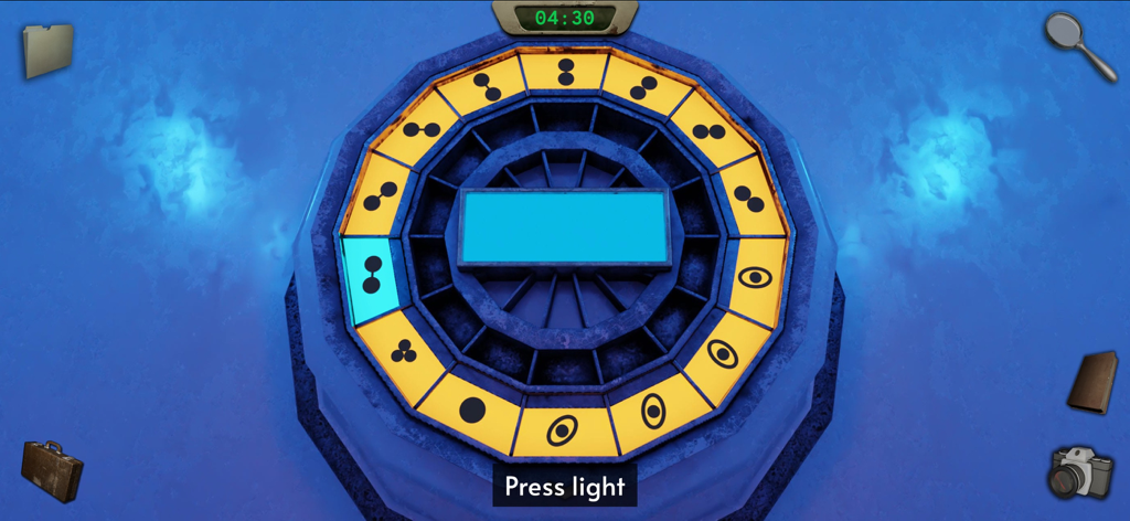 Um quebra-cabeça circular com peças simbólicas e um cronômetro no jogo Recursão.