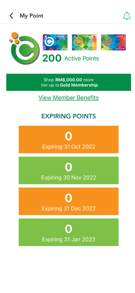 Caring Membership app dashboard showing active reward points and tier status