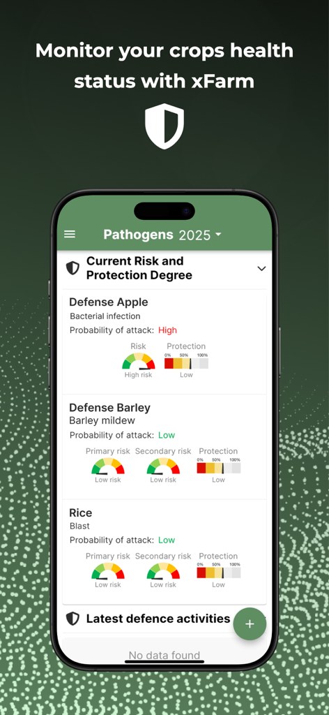 Interfaccia dell'app xFarm che mostra i livelli di rischio patogeni delle colture e lo stato di salute per mele, orzo e riso