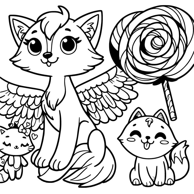 adorable winged fox,cat and wolf with large candy