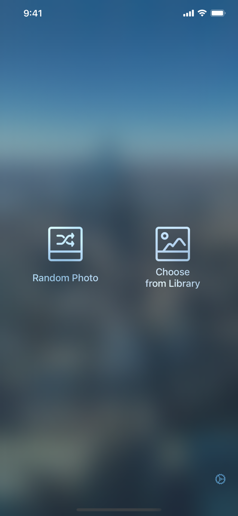 Pictory App - Pictory app home screen with buttons for random photo and library selection