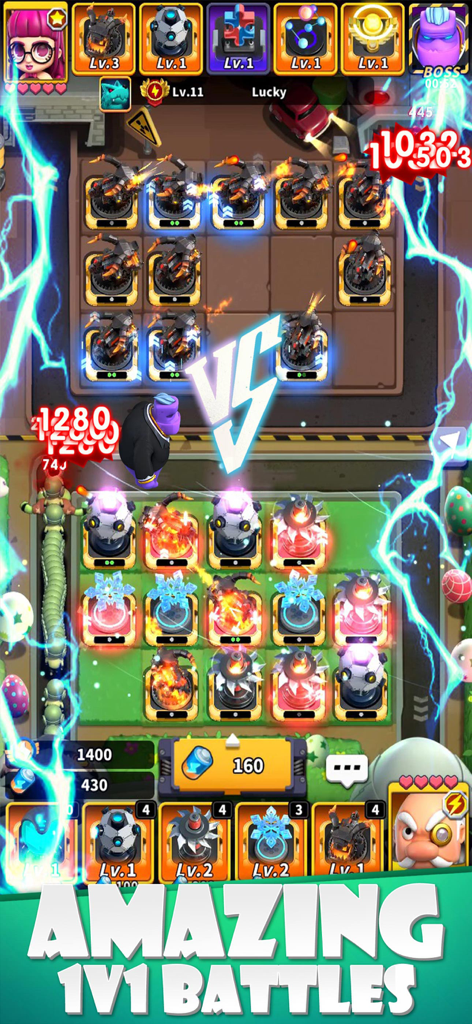 Random TD mobile game screenshot showing an intense 1v1 PvP tower defense battle with diverse towers and special effects