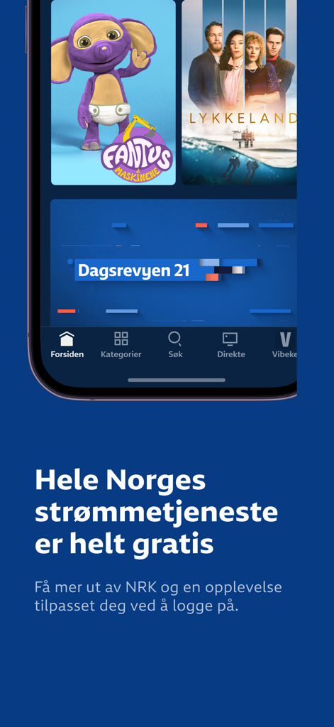 NRK TV - NRK TV mobile app interface showing various Norwegian series and live news