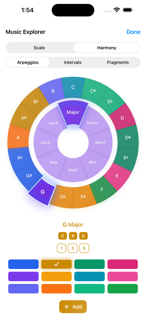 Music Explorer screen in Violin Vista featuring a colorful circular dial to select keys and harmony types like G Major arpeggios