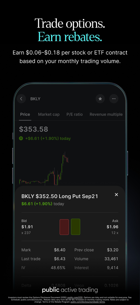 Interface mobile de l'application Public montrant les détails du trading d'options et des informations sur les remises par contrat.