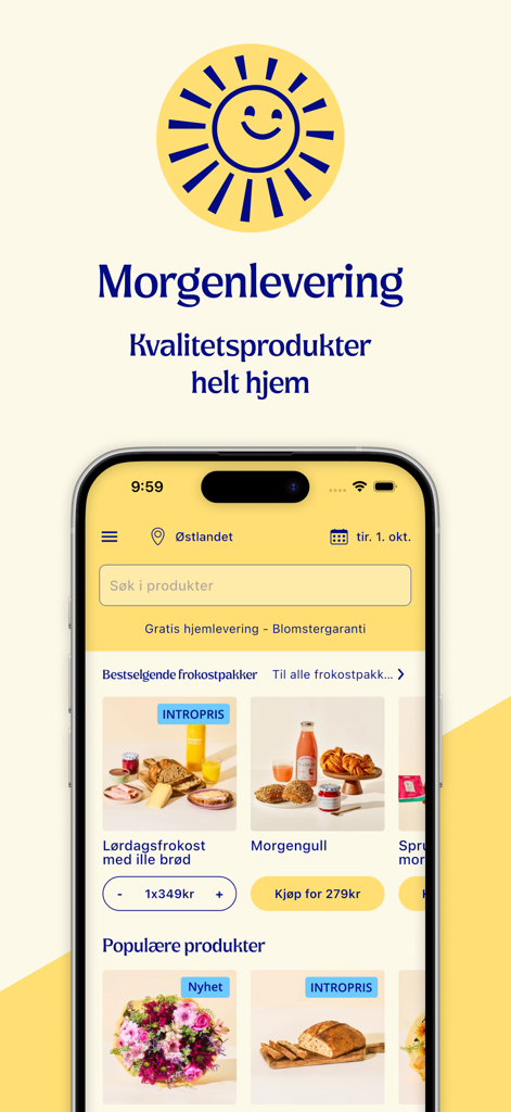 Morgenlevering - Morgenlevering app interface showing breakfast delivery packages and flower bouquets