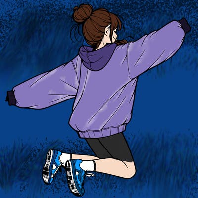 realistic girl jumping with a bun and oversized sweatshirt
