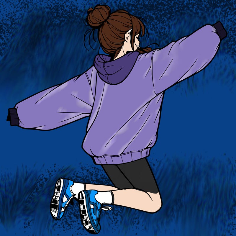realistic girl jumping with a bun and oversized sweatshirt