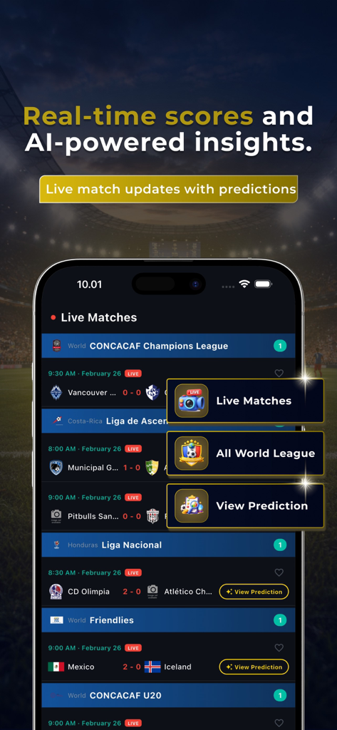 Soccer Predictions AI & Tips - Interface de smartphone mostrando placares de futebol ao vivo e previsões de partidas com IA
