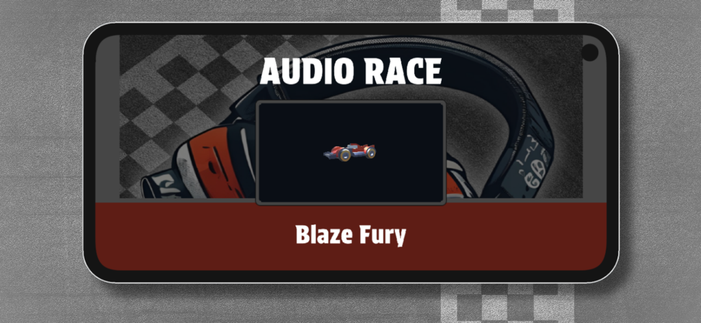 AudioRace - Pantalla de selección de coche para el vehículo Blaze Fury en la aplicación AudioRace que muestra un coche de carreras rojo y auriculares.
