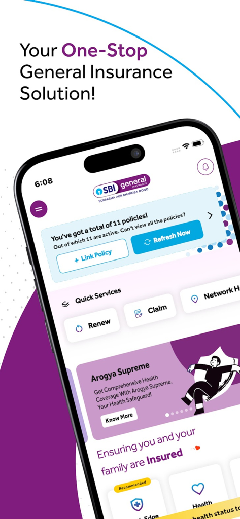 SBI General Insurance - La interfaz de la aplicación móvil SBI General Insurance que muestra un panel para gestionar pólizas y servicios rápidos como renovaciones y reclamaciones.