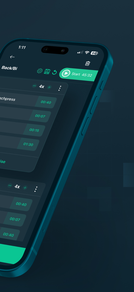 Workout Timer: Intervals & TUT - Interface do aplicativo móvel mostrando intervalos e conjuntos de treino personalizáveis para uma sessão de treinamento de força