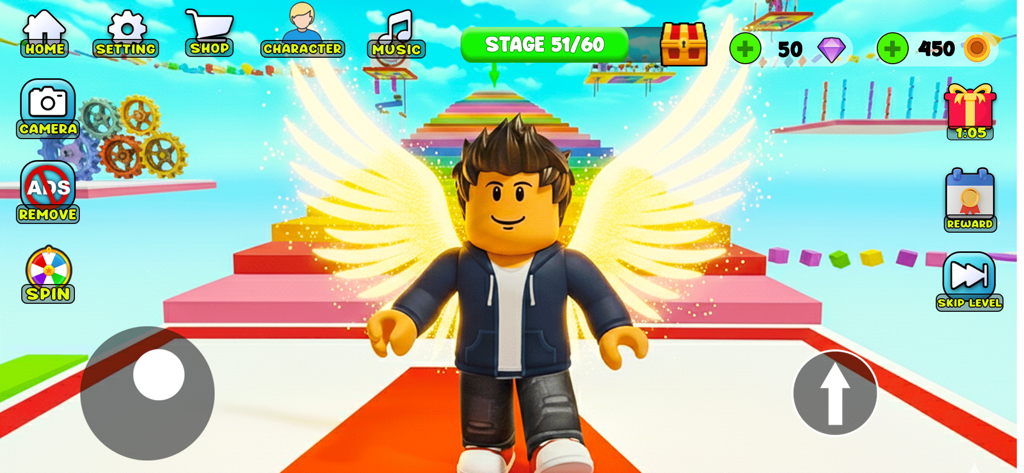 Obby Fun Parkour Race Games - Personaje estilo Roblox con alas brillantes en un juego de parkour obby