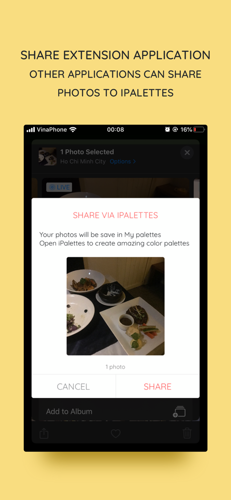 iOS-Freigabeerweiterungs-Oberfläche zum Teilen von Fotos mit der iPalettes-App.