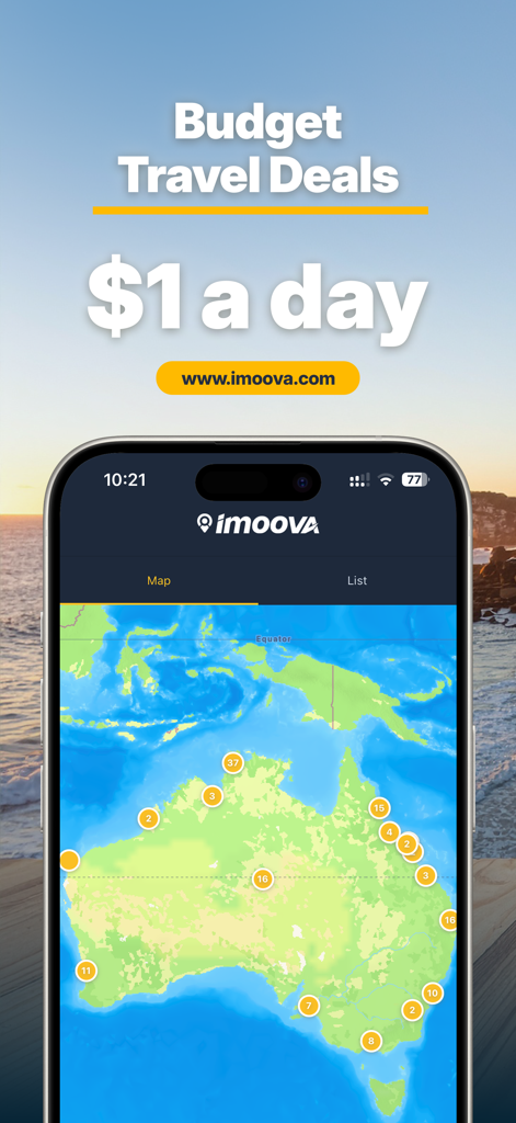 Imoova - Aplicativo Imoova exibindo ofertas de relocação de veículos econômicos em um mapa a partir de um dólar por dia