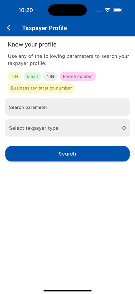 AskUra - Taxpayer profile search screen in the AskUra mobile app for Uganda Revenue Authority services.