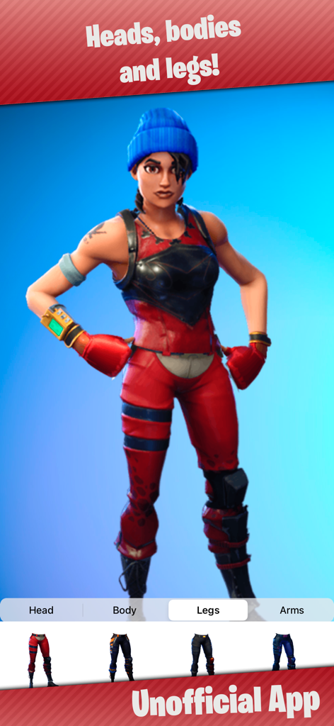 A female Fortnite character being customized in the Skin Creator app with options for heads bodies and legs