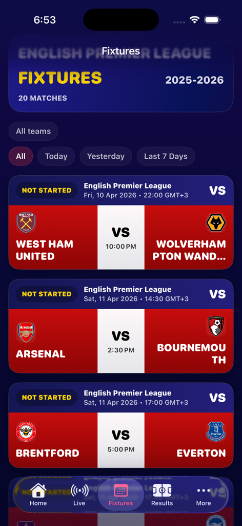 Live Soccer Scores 808 - Upcoming Premier League match fixtures displayed in the Live Soccer Scores 808 mobile app